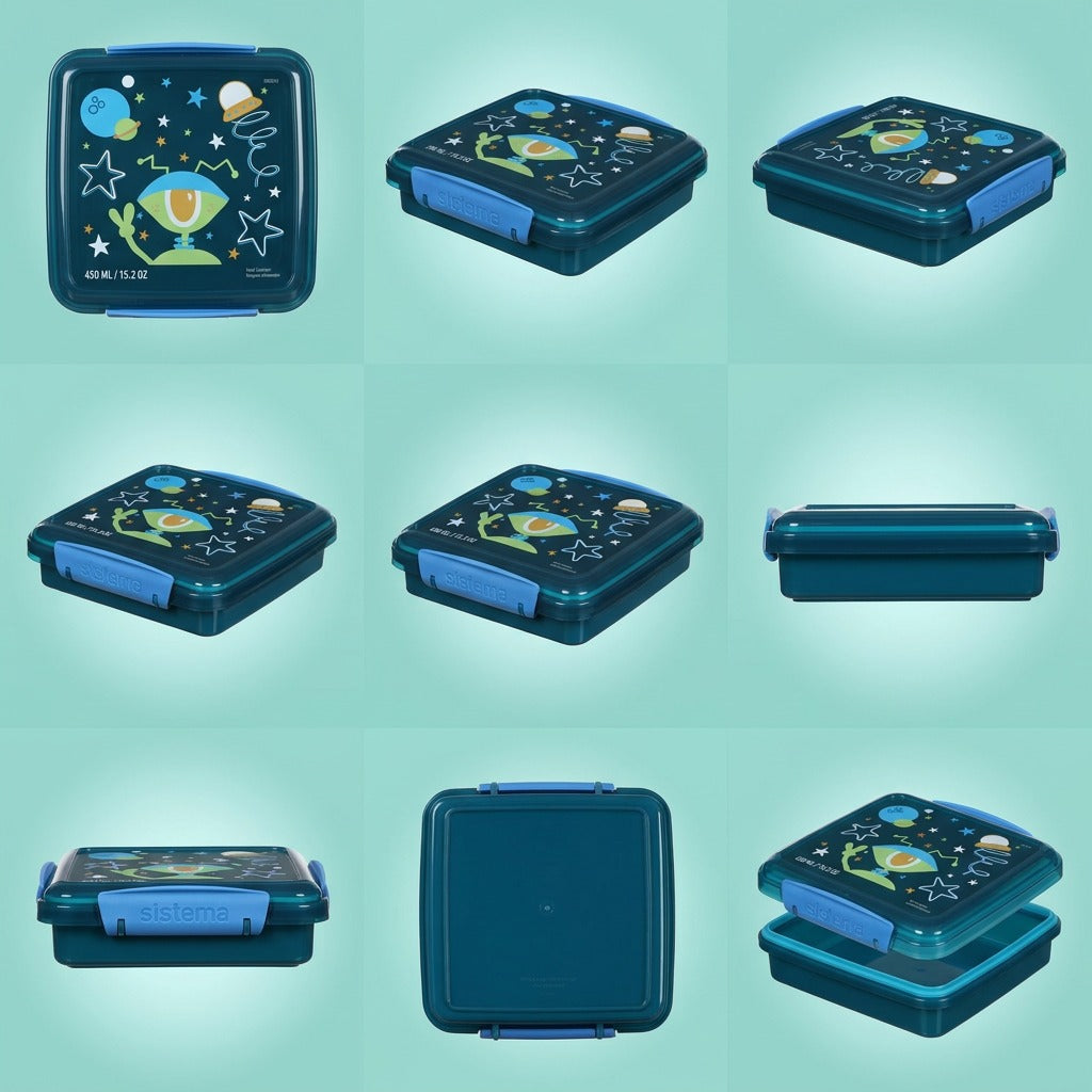 A clean grid matrix showing nine identical views of the Sistema Kids 450 ML Sandwich container from various high-quality ecommerce angles.