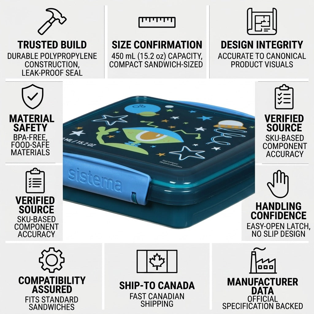 Sistema Kids Sandwich Box 450ml trust and specifications infographic