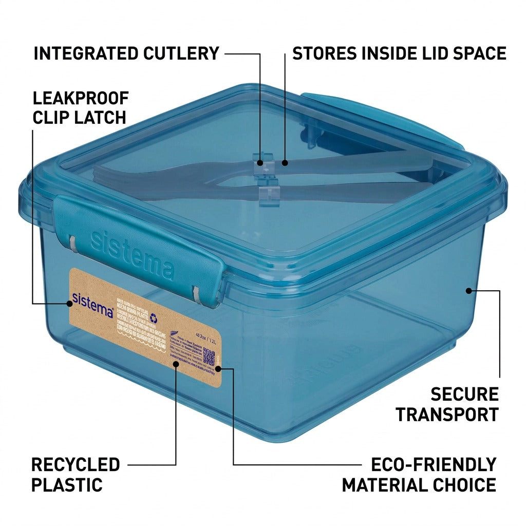 Sistema Ocean Bound Plastic Lunch Box features recycled plastic leakproof clips cutlery callout