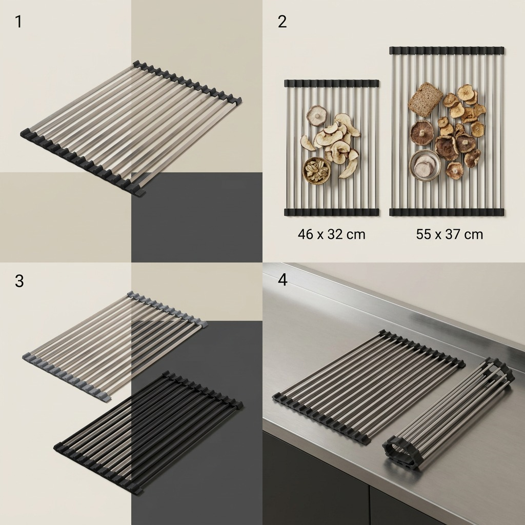 Happy Sinks Roll-Up Dish Drying Rack over kitchen sink with freshly washed items