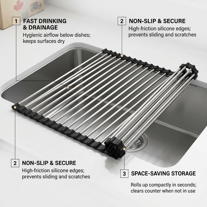 Feature graphic of Happy Sinks roll-up rack showing its space-saving and non-slip capabilities.