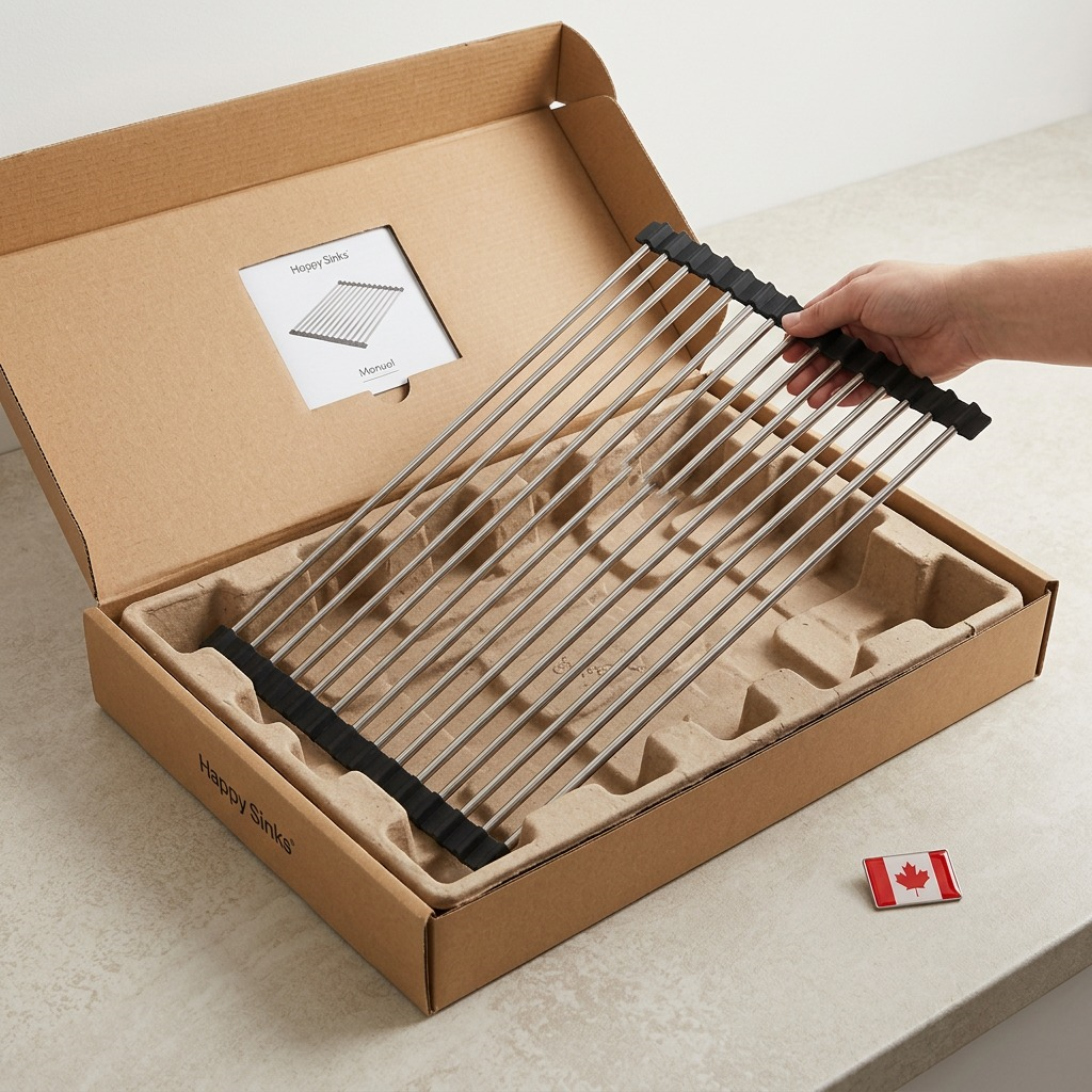 Happy Sinks Roll-Up Dish Drying Rack space-saving and non-slip feature callout graphic