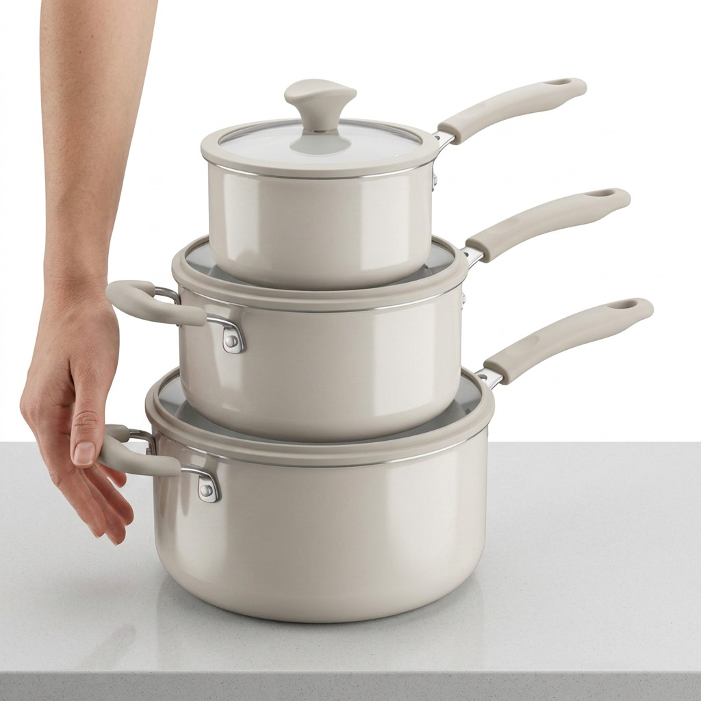 Tramontina 6-Piece Nesting Ceramic Cookware Set Petit-Eco White size reference with hand
