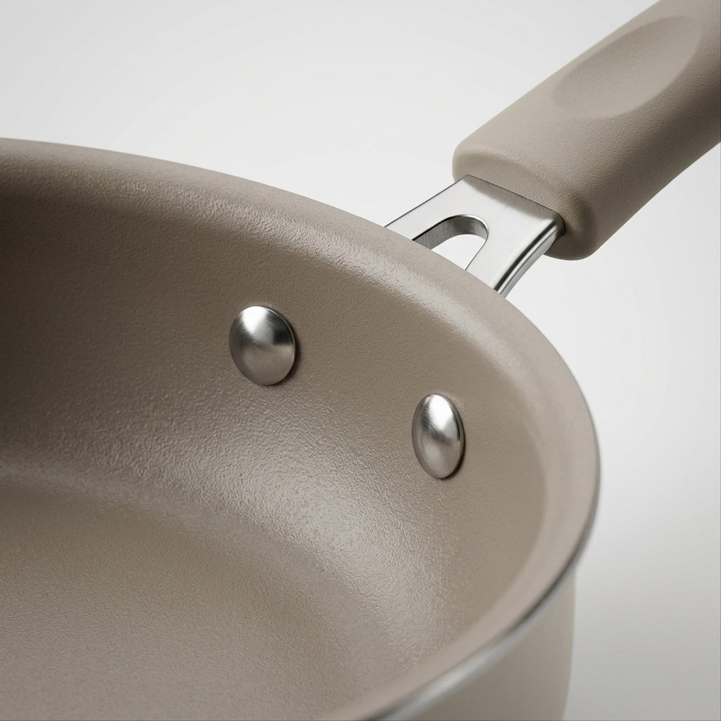 Tramontina 6-Piece Nesting Ceramic Cookware Set Petit-Eco White ceramic finish and rivet close-up