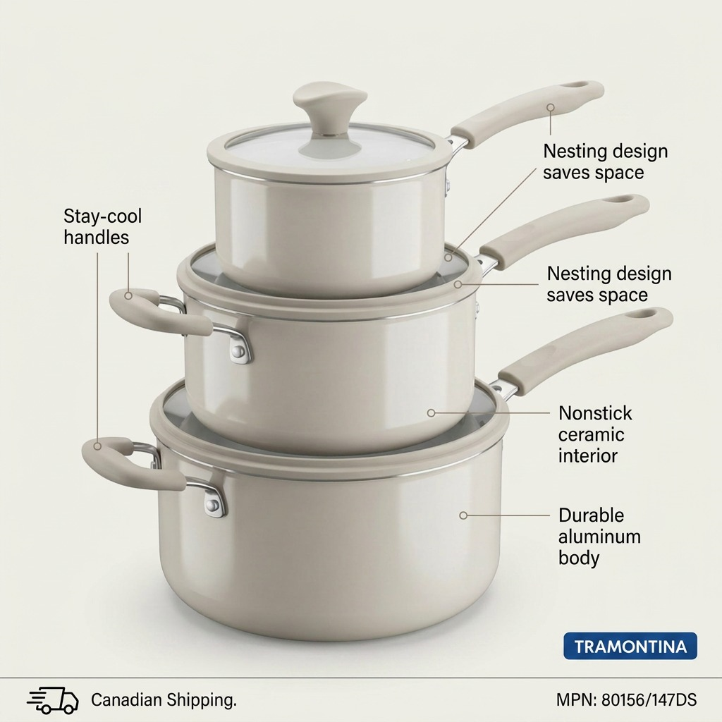 Tramontina 6-Piece Nesting Ceramic Cookware Set Petit-Eco White stay-cool handles and nonstick features callout