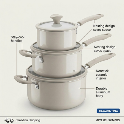 Tramontina 6-Piece Nesting Ceramic Cookware Set Petit-Eco White stay-cool handles and nonstick features callout