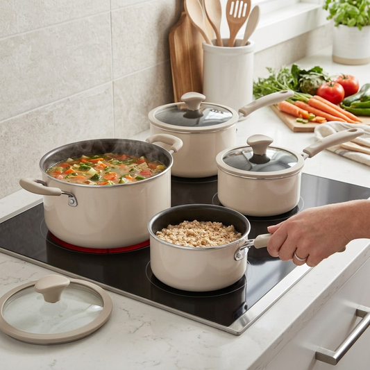 Tramontina 6-Piece Nesting Ceramic Cookware Set Petit-Eco White on induction cooktop lifestyle