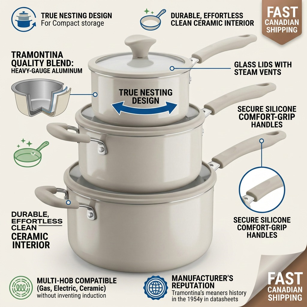 Tramontina 6-Piece Nesting Ceramic Cookware Set Petit-Eco White trust and specifications infographic
