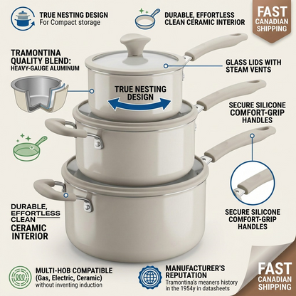 Tramontina 6-Piece Nesting Ceramic Cookware Set Petit-Eco White trust and specifications infographic