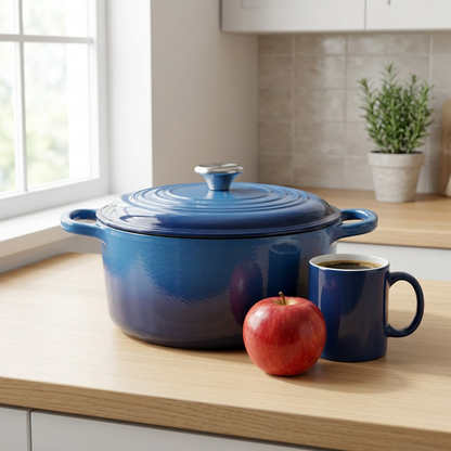 Tramontina 6.5 Qt Covered Round Dutch Oven Gradated Cobalt Blue lifestyle on kitchen counter
