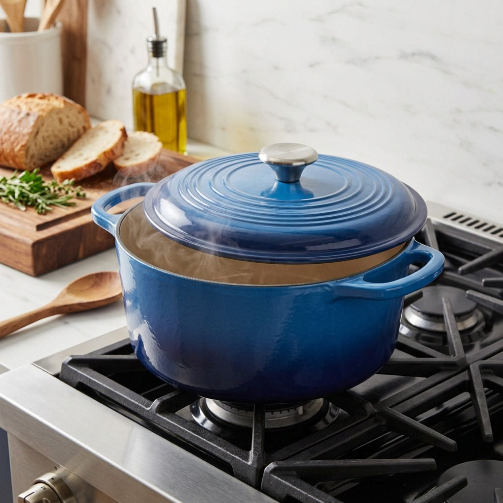 Tramontina 6.5 Qt Covered Round Dutch Oven Gradated Cobalt Blue rustic kitchen setting