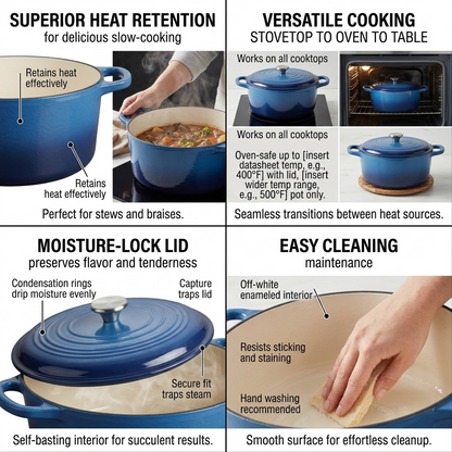 Tramontina 6.5 Qt Covered Round Dutch Oven Gradated Cobalt Blue key features callout