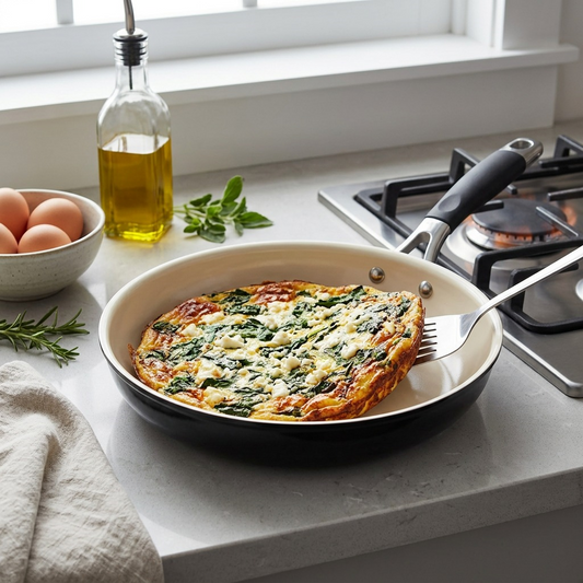 A lifestyle photograph of the Tramontina 12-inch frying pan with a frittata on a kitchen counter with natural light.