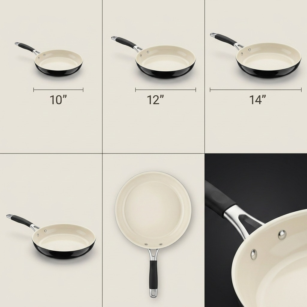 Tramontina Professional Ceramic Fry Pan size comparison showing 10-inch, 12-inch, and 14-inch options with multiple angles.