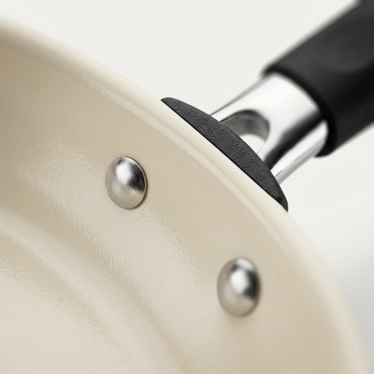 Extreme close-up of a skillet's ceramic interior, metal bolts, and textured black handle grip.