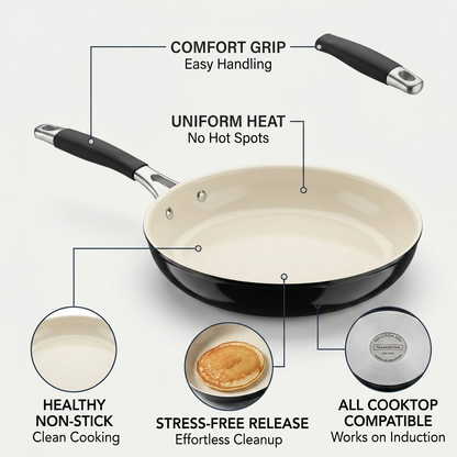 Feature callout image for Tramontina 12In Fry Pan showing non-stick, heat distribution, and induction compatibility.