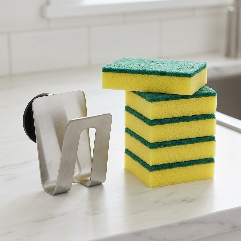Happy Sinks Sponge Holder stainless steel size reference with kitchen sponges
