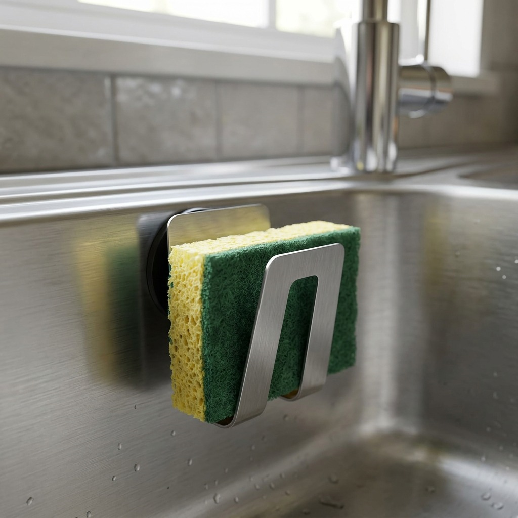 Happy Sinks Sponge Holder stainless steel mounted on sink wall holding yellow sponge
