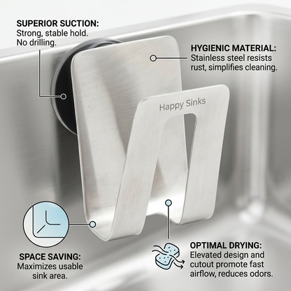 Happy Sinks Sponge Holder stainless steel feature callout graphic
