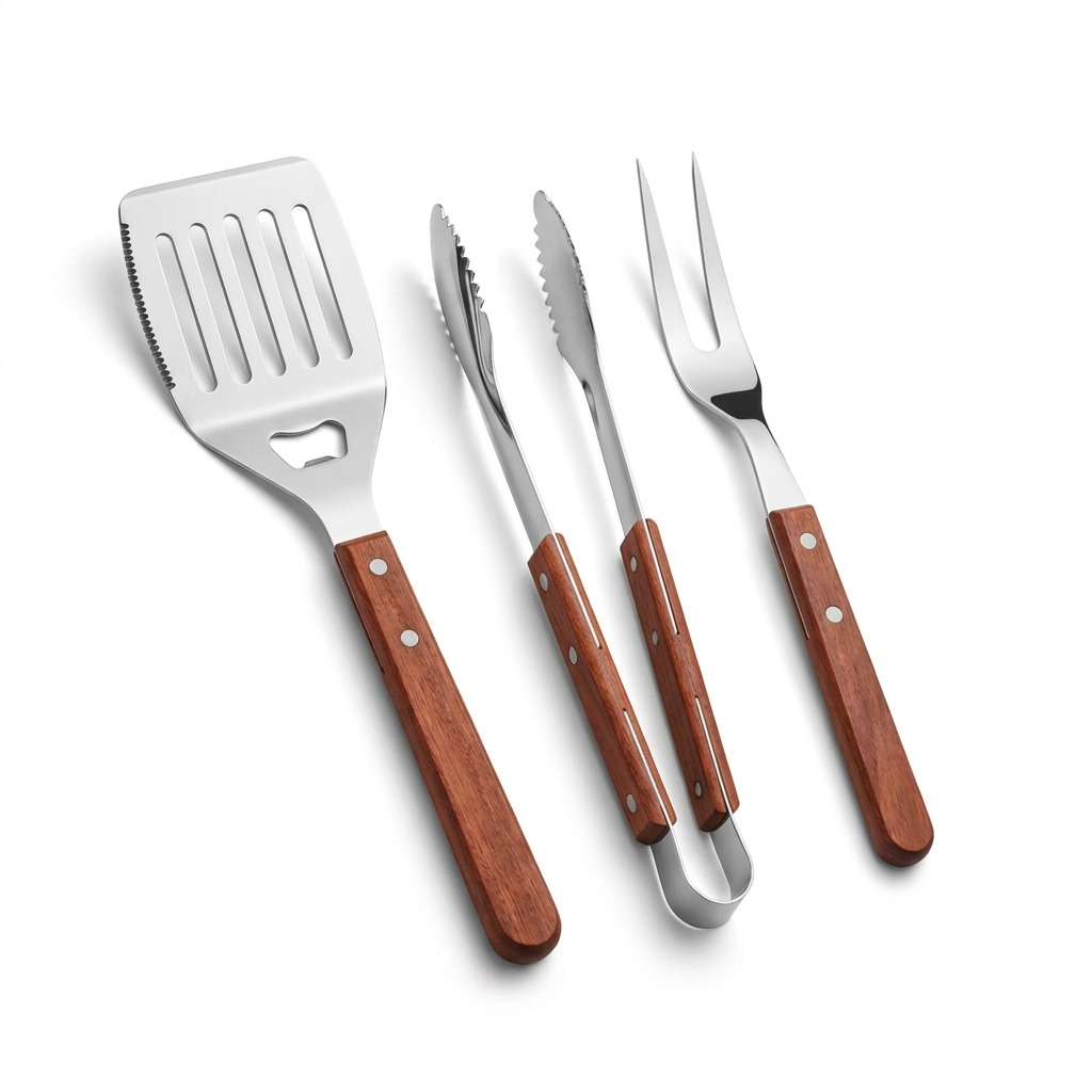 Tramontina Churrasco 3-Piece BBQ Tool Set with spatula tongs and meat fork front view
