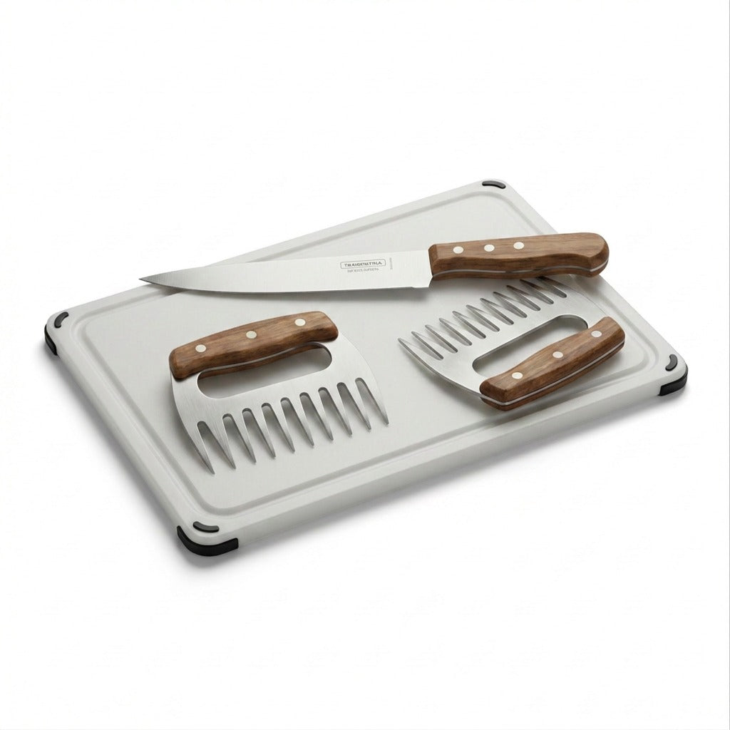 Tramontina Churrasco 4-Piece BBQ Set with carving knife and shredding claws front view
