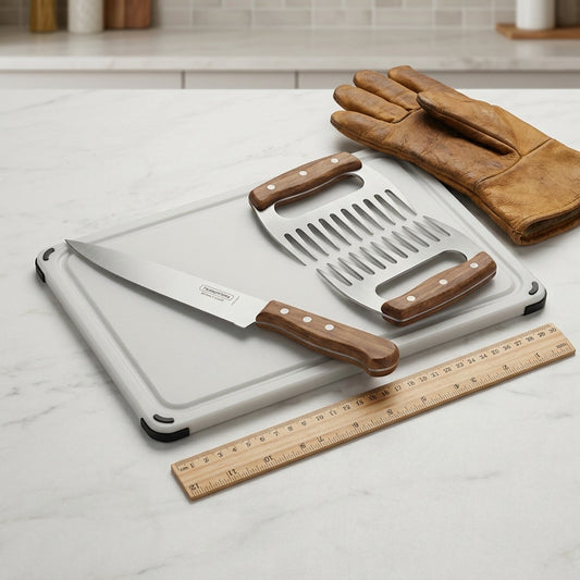 Tramontina Churrasco 4-Piece BBQ Set size reference on cutting board
