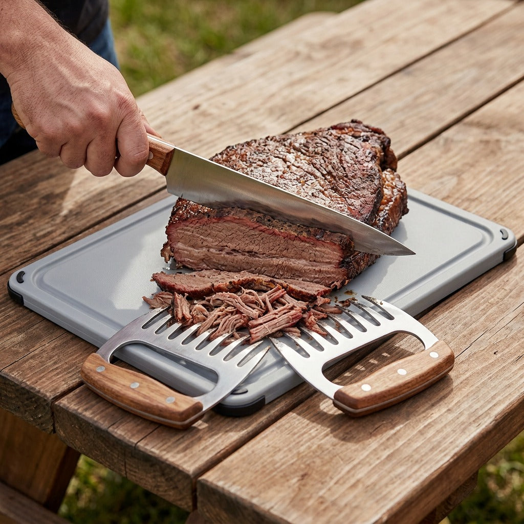 Tramontina Churrasco 4-Piece BBQ Set slicing and shredding brisket lifestyle shot
