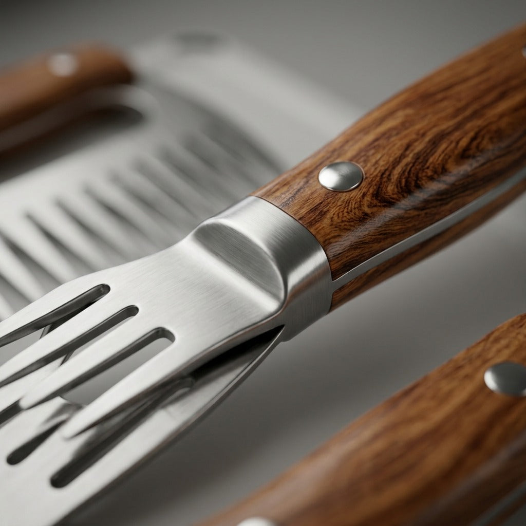 Tramontina Churrasco BBQ carving fork Polywood handle and steel rivet detail
