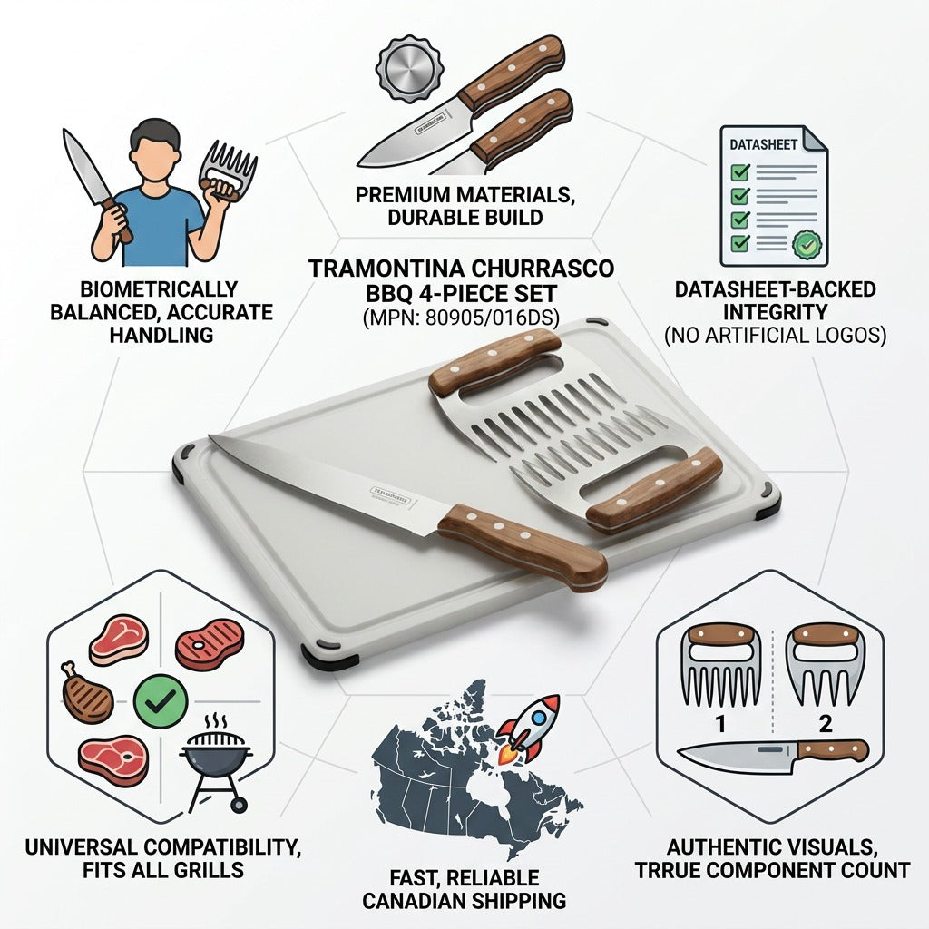 Tramontina Churrasco 4-Piece BBQ Set features and Canadian shipping infographic
