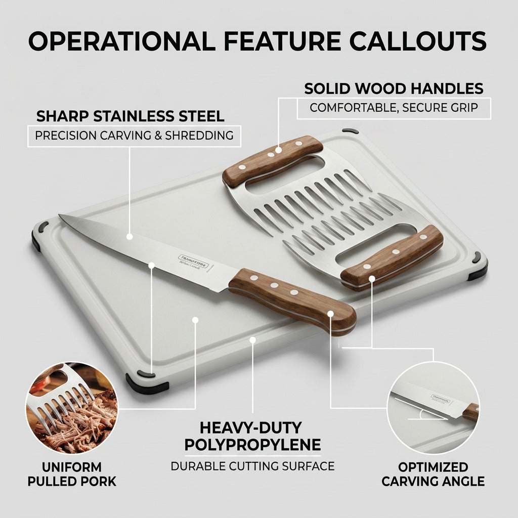Tramontina Churrasco 4-Piece BBQ Set shredding claws and knife Polywood handles callout
