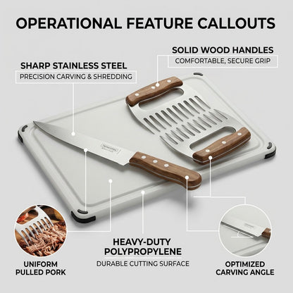 Tramontina Churrasco 4-Piece BBQ Set shredding claws and knife Polywood handles callout
