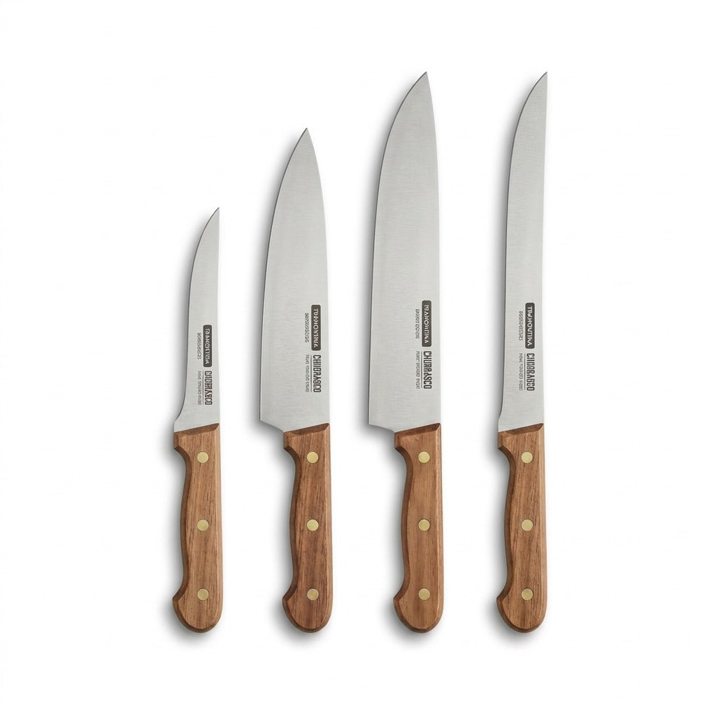 Tramontina Churrasco 4-Piece BBQ Grilling Knife Set with Polywood handles front view
