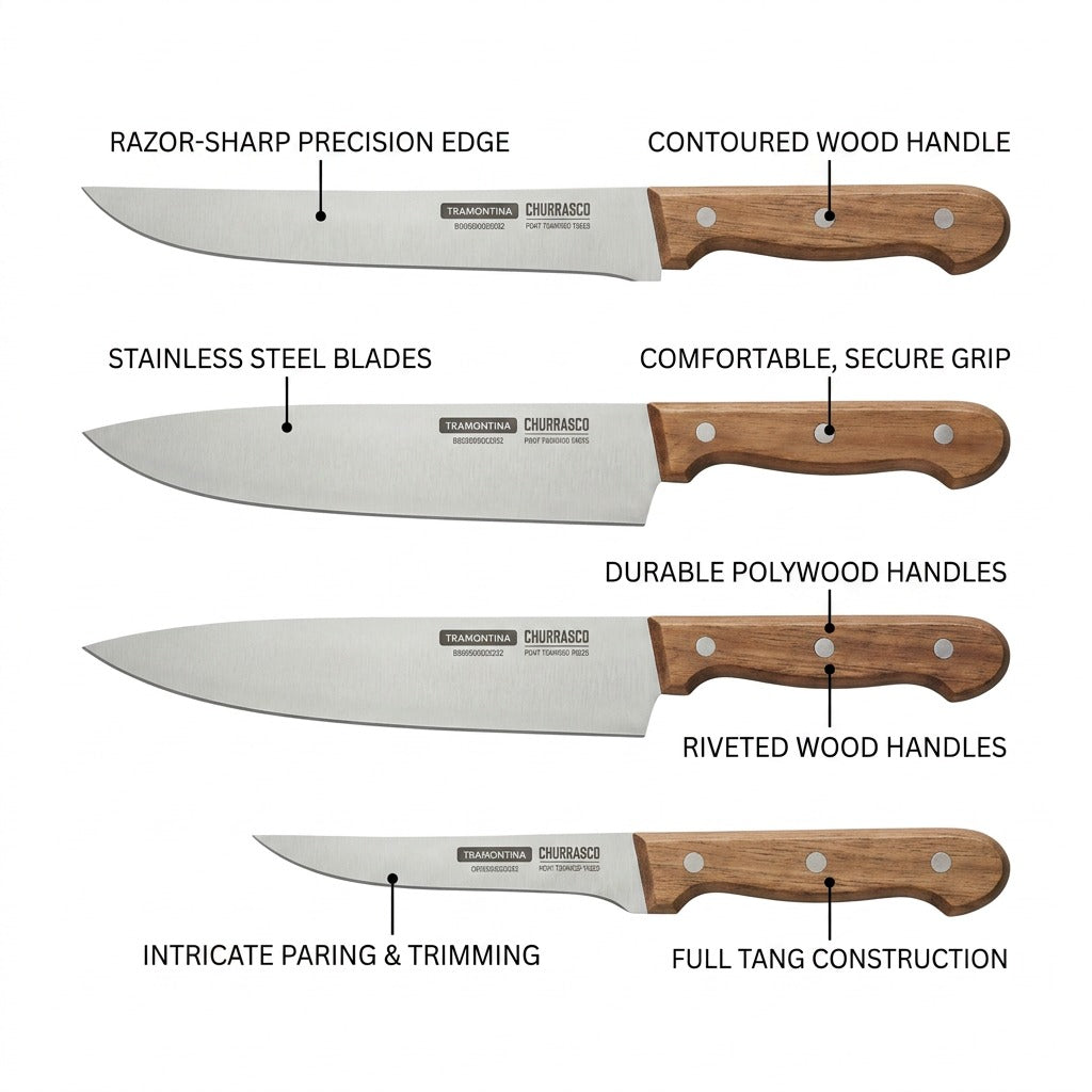 Tramontina Churrasco 4-Piece Grilling Knife Set stainless blades and Polywood handles callout
