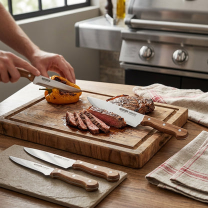 Tramontina Churrasco 4-Piece BBQ Set slicing steak and vegetables lifestyle shot
