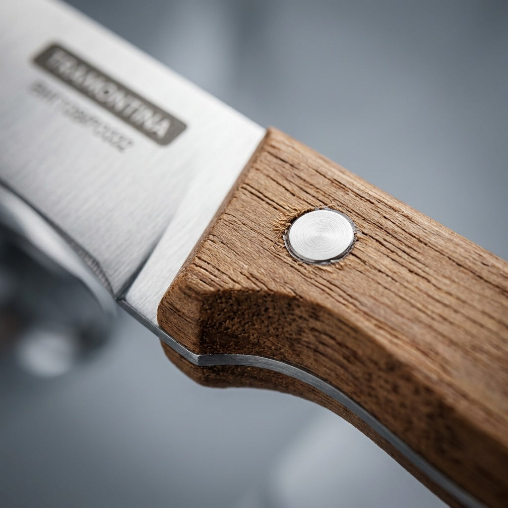 Tramontina Churrasco knife Polywood handle and steel rivet detail
