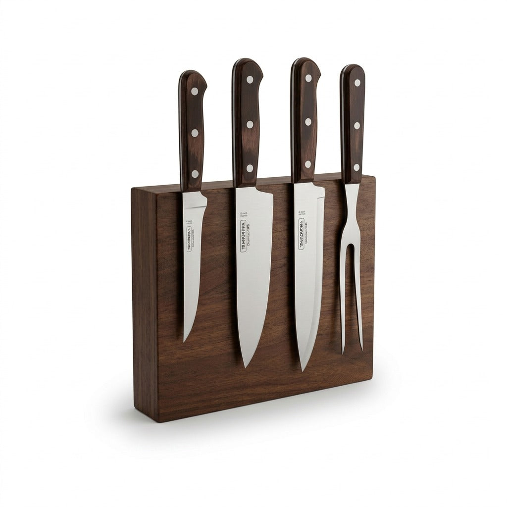 Tramontina Churrasco BBQ Cutlery Set with knives and fork on magnetic wood block front view
