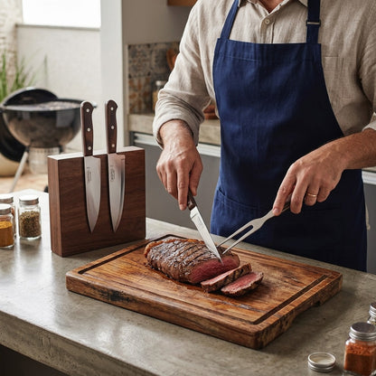Tramontina Churrasco BBQ Cutlery Set slicing steak lifestyle shot
