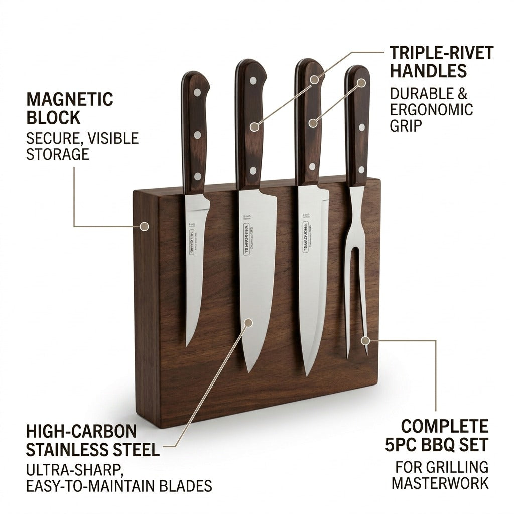 Tramontina Churrasco BBQ Cutlery Set high-carbon steel blades and magnetic block callout
