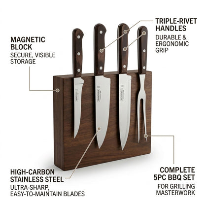 Tramontina Churrasco BBQ Cutlery Set high-carbon steel blades and magnetic block callout
