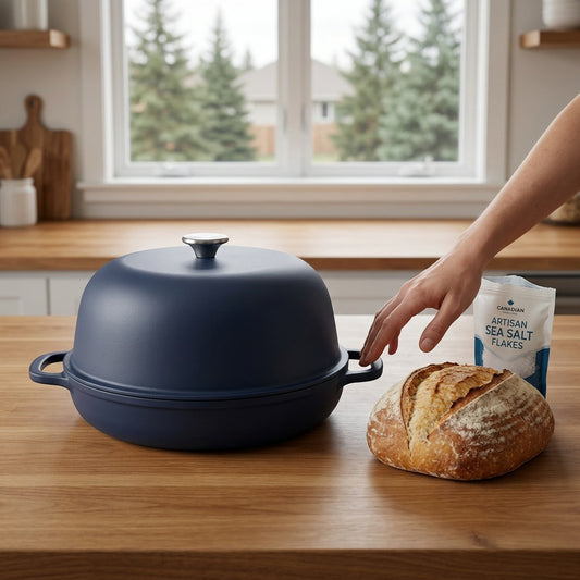A hand beside the matte navy Tramontina 9.5-inch bread oven and a loaf of bread for scale.