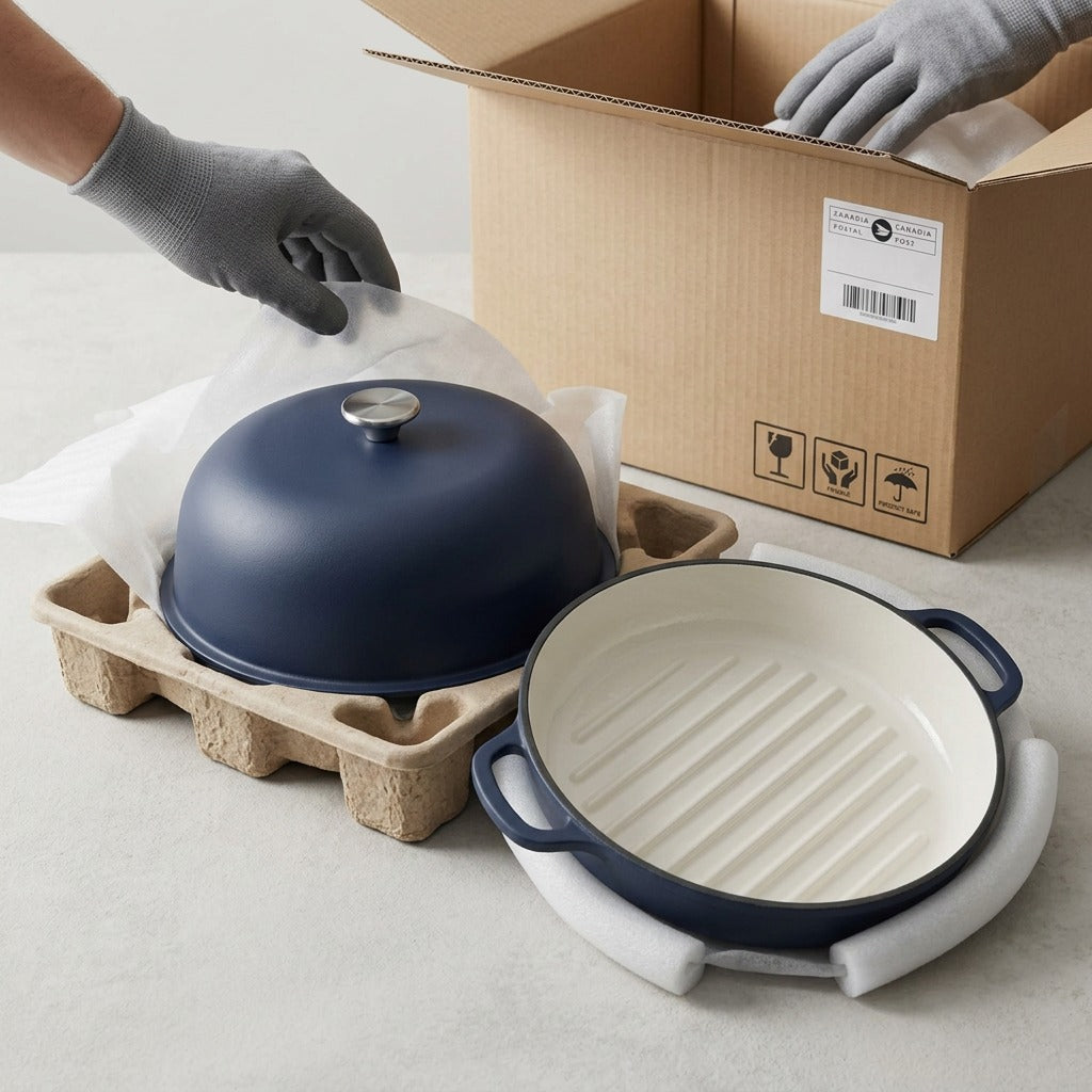 Unboxing a matte navy Tramontina 9.5 inch bread oven with protective foam and cardboard packaging.