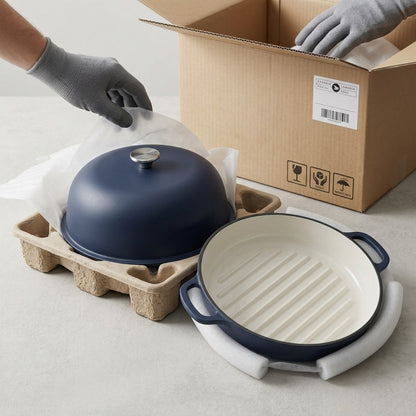 Unboxing a matte navy Tramontina 9.5 inch bread oven with protective foam and cardboard packaging.