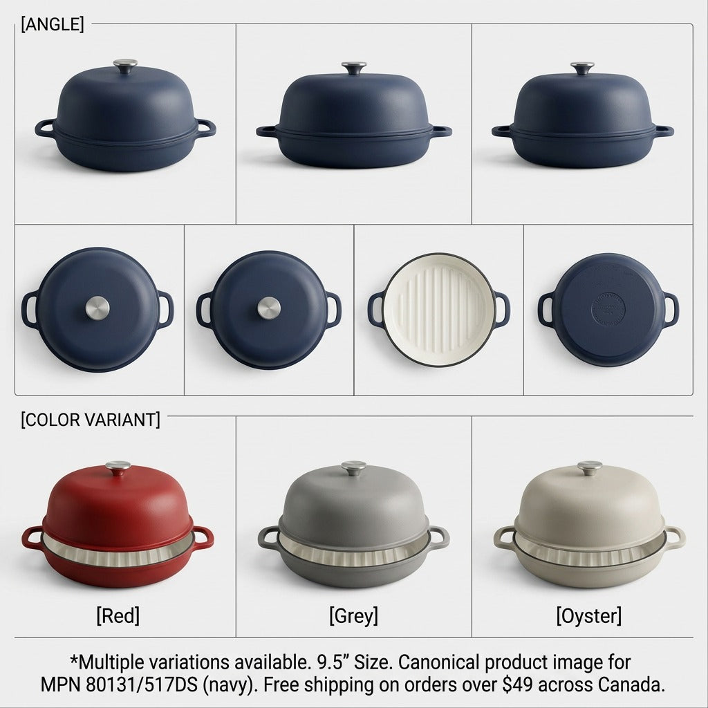 Grid showing Tramontina 9.5-inch Enamel Cast Iron Bread Oven in Matte Navy, Red, Grey, and Oyster.