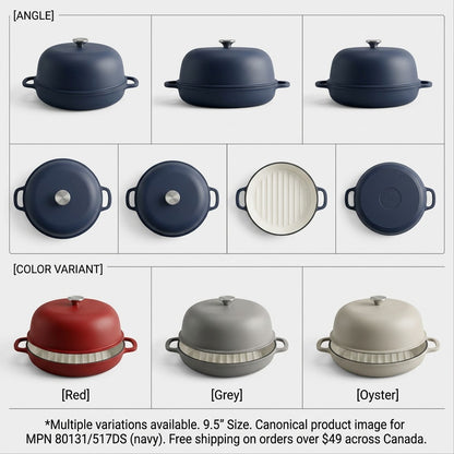 Grid showing Tramontina 9.5-inch Enamel Cast Iron Bread Oven in Matte Navy, Red, Grey, and Oyster.