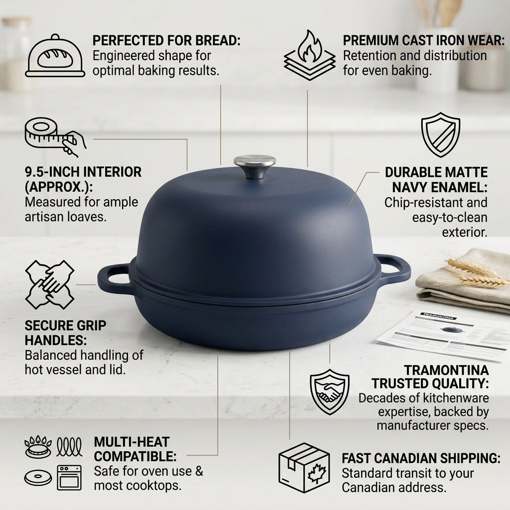 Tramontina Matte Navy Enamel Cast Iron Bread Oven infographic highlighting key features and specs.