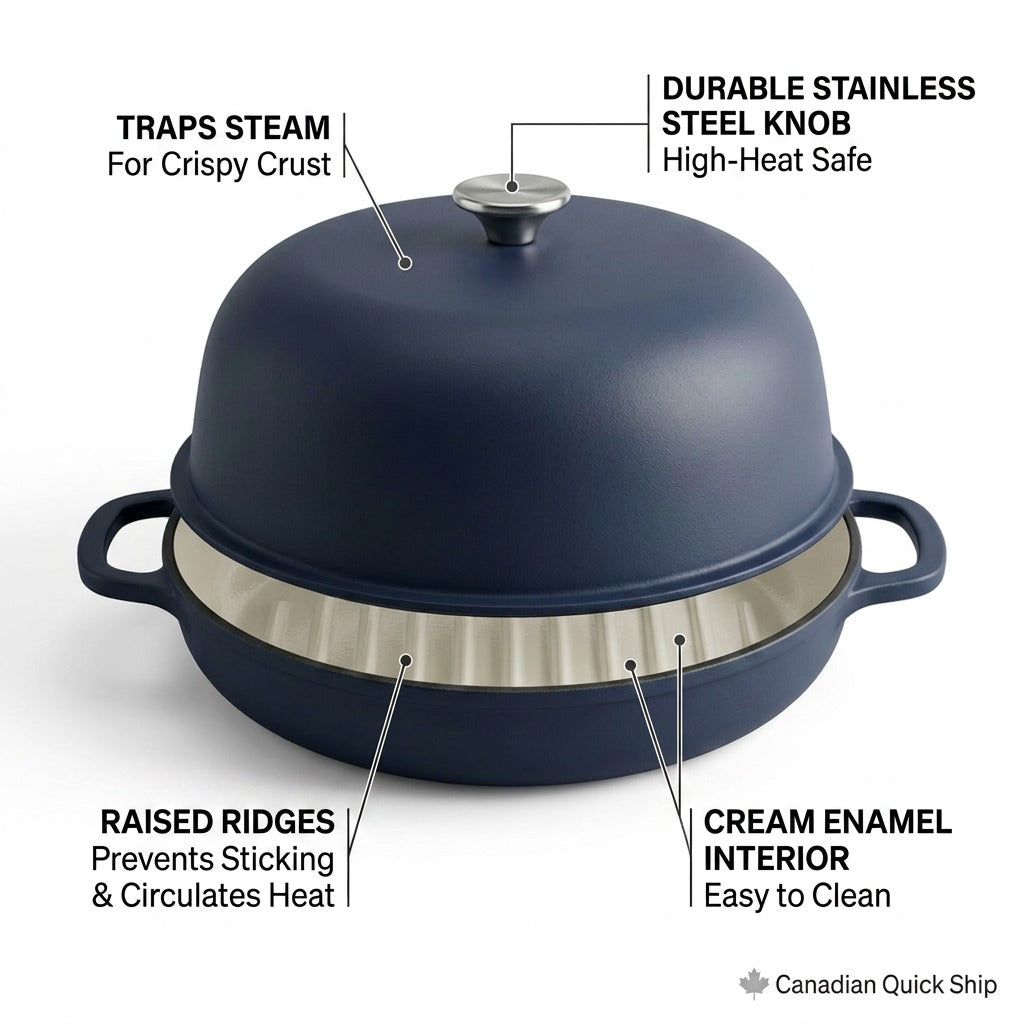 Tramontina Matte Navy Bread Oven with features highlighted: steam-trapping lid and raised ridges.