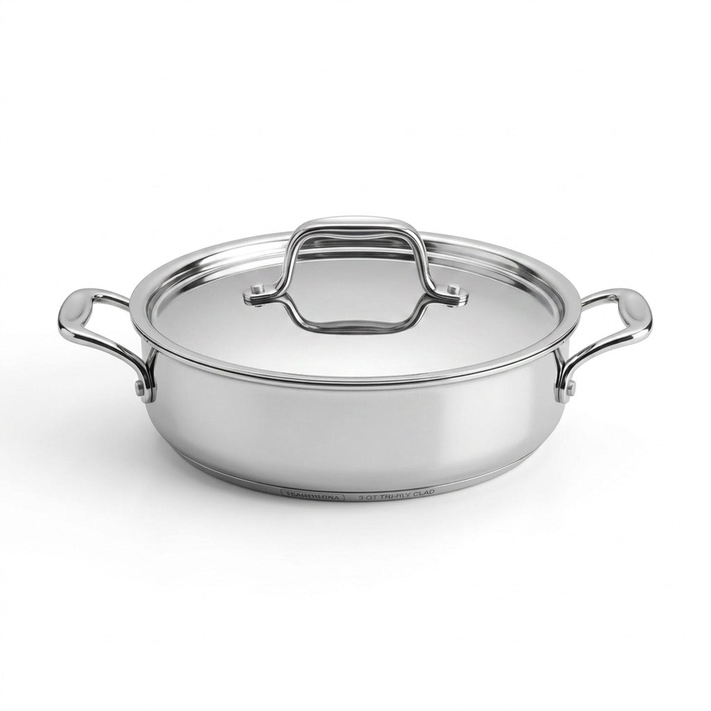 Tramontina Signature 3 Qt Tri-Ply Clad Covered Braiser front view on white background.
