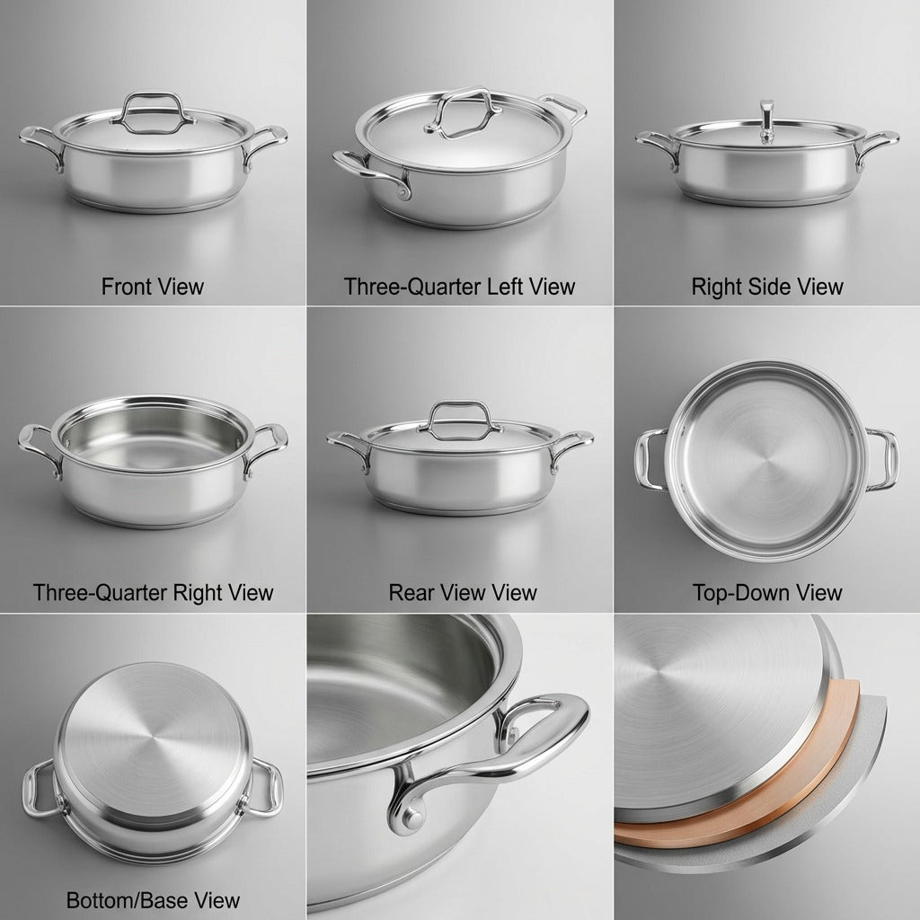 Multi-angle view of the Tramontina Signature 3 Qt Braiser showing lid, interior, and handles.
