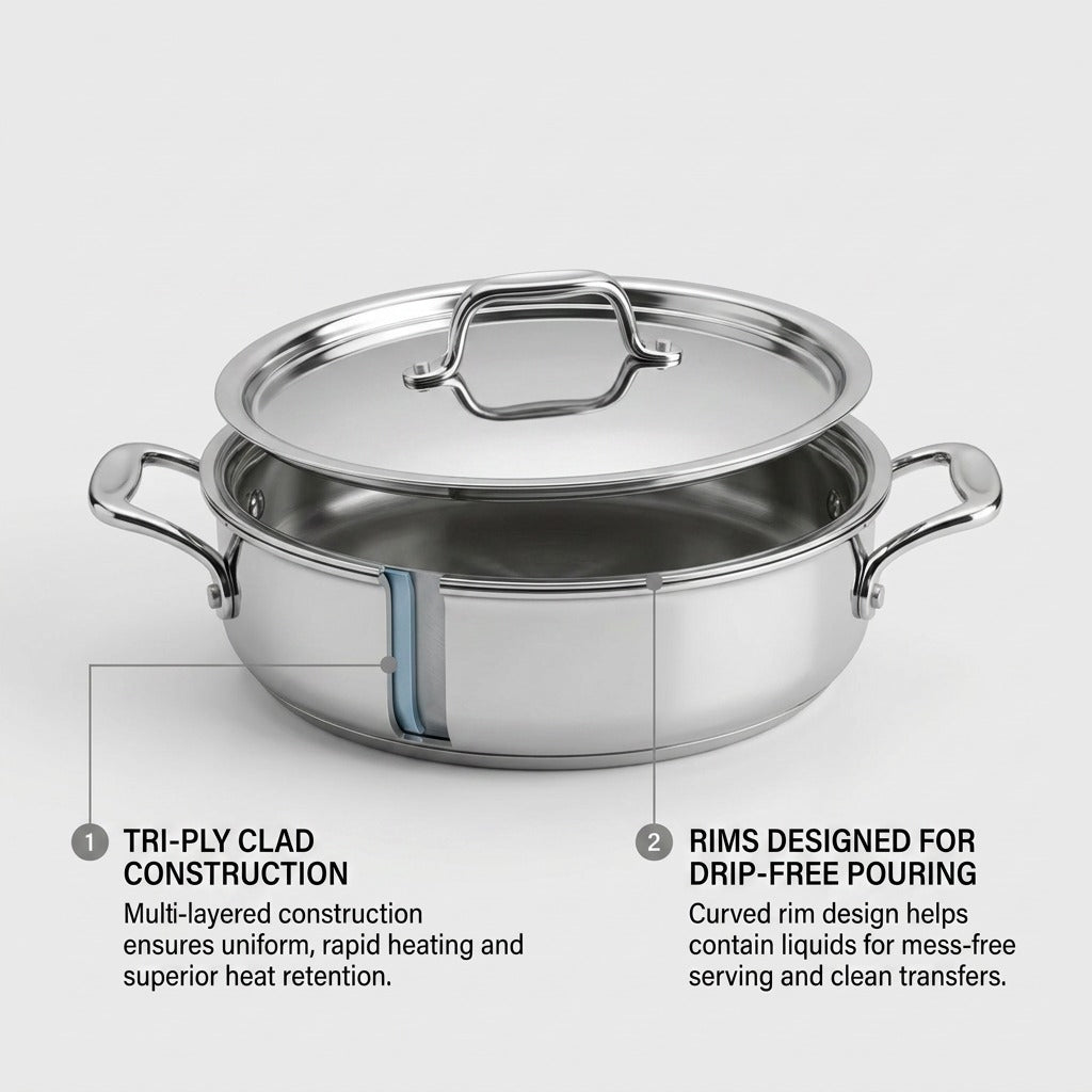 Tramontina Signature 3 Qt Braiser feature callout highlighting tri-ply construction and drip-free rim.
