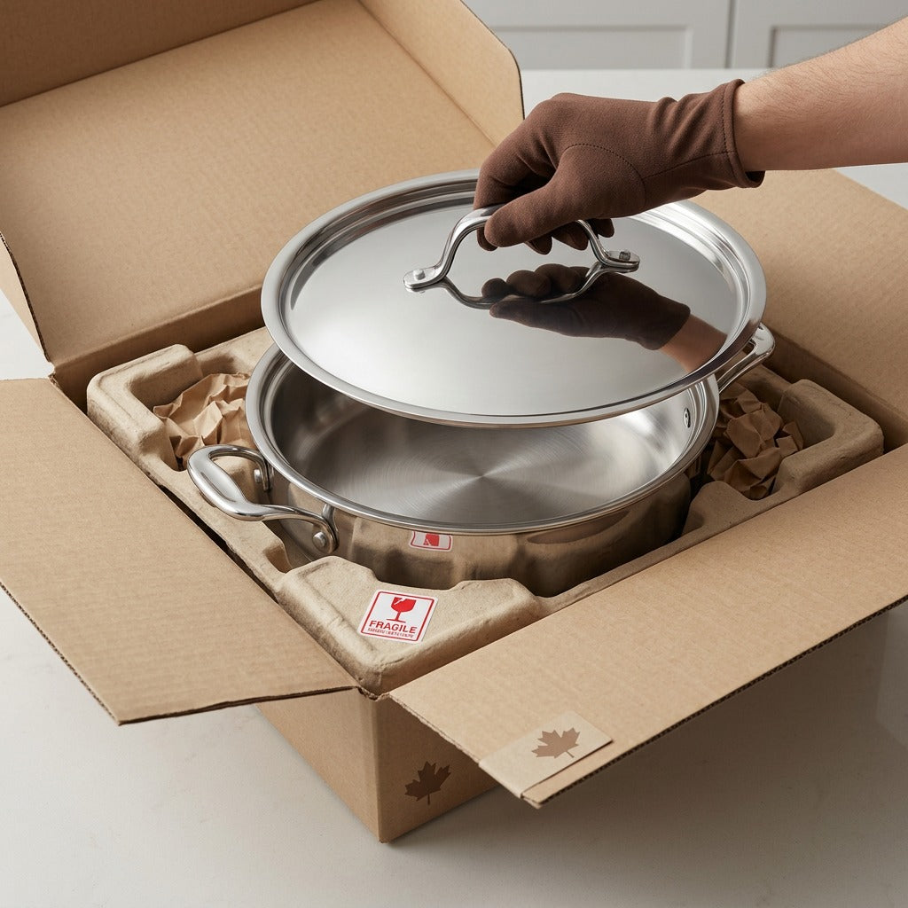 Tramontina Signature 3 Qt Braiser tri-ply construction infographic with Fast Canadian Shipping badge.
